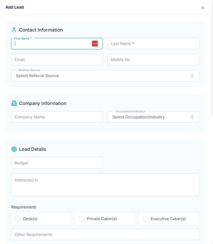 Adding a lead in Coworking App with contact details and follow-up